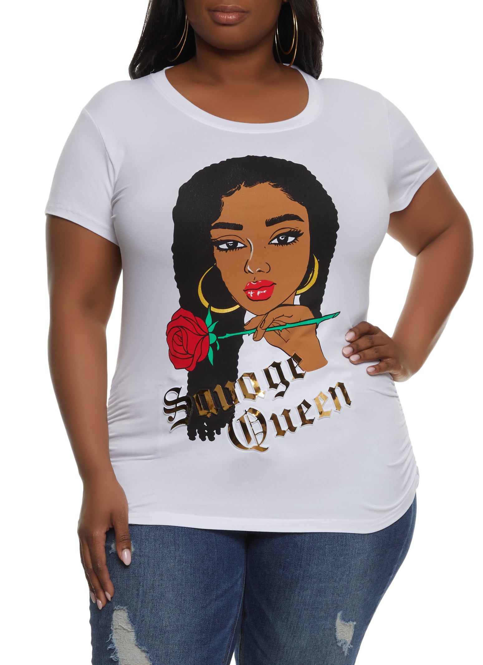 Plus Size Savage Queen Embossed Foil Graphic Tee sold by Rainbow