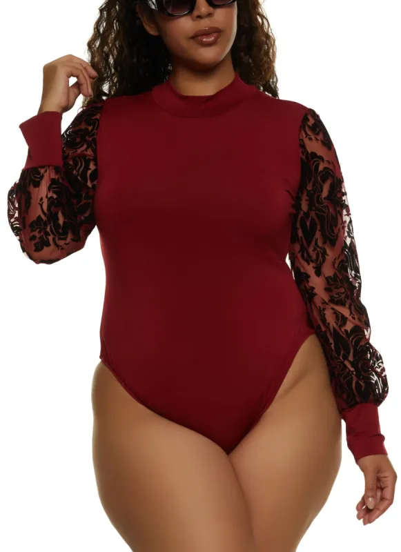 Plus Size Printed Velvet Burnout Sleeve Bodysuit sold by Rainbow