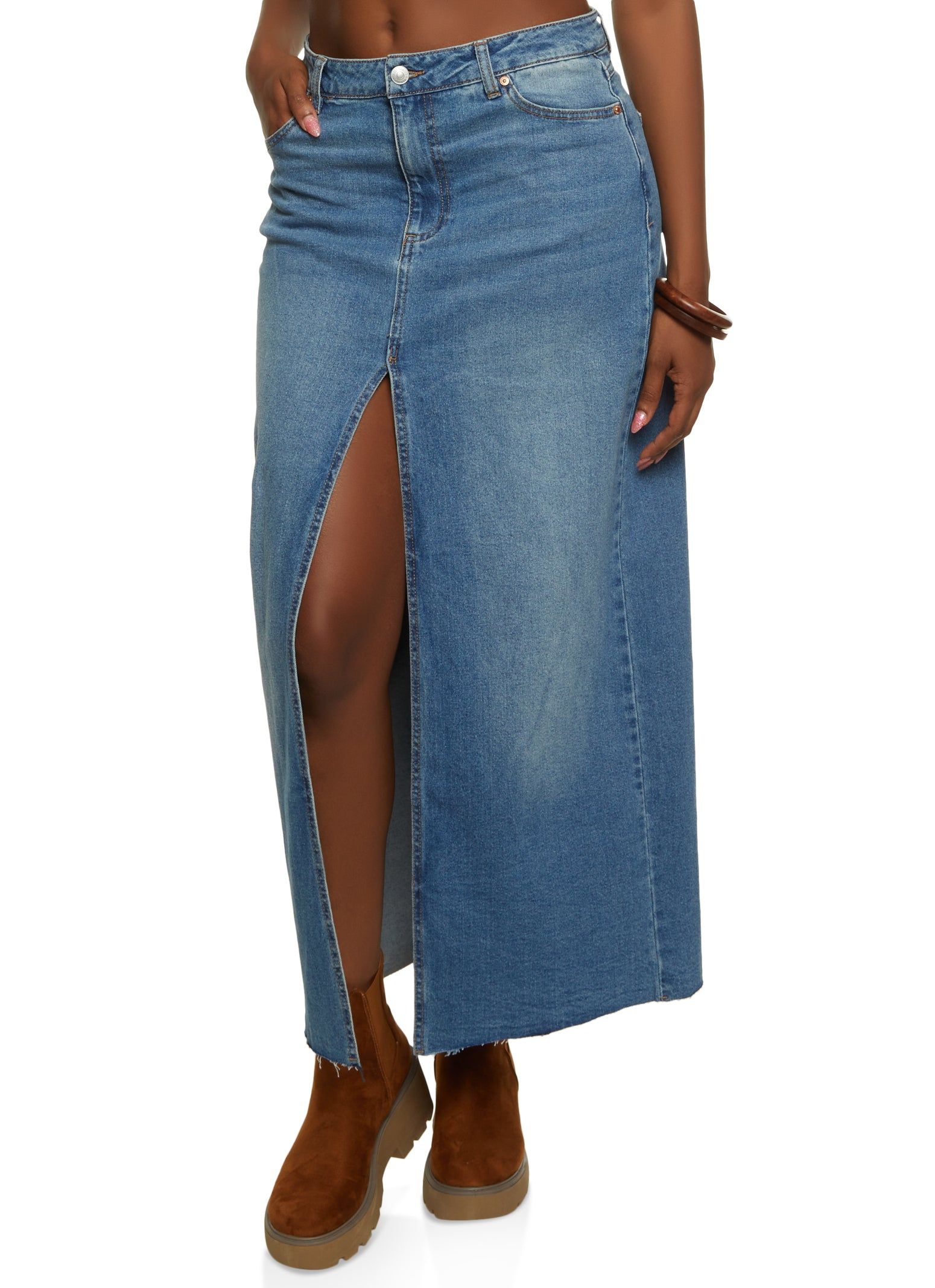 Denim Front Slit Maxi Skirt sold by Rainbow