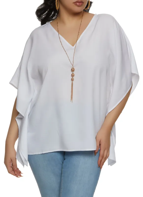 Plus Size Batwing Sleeve V Neck Blouse with Necklace sold by Rainbow