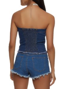 Denim Frayed Hem Button Front Tube Top sold by Rainbow