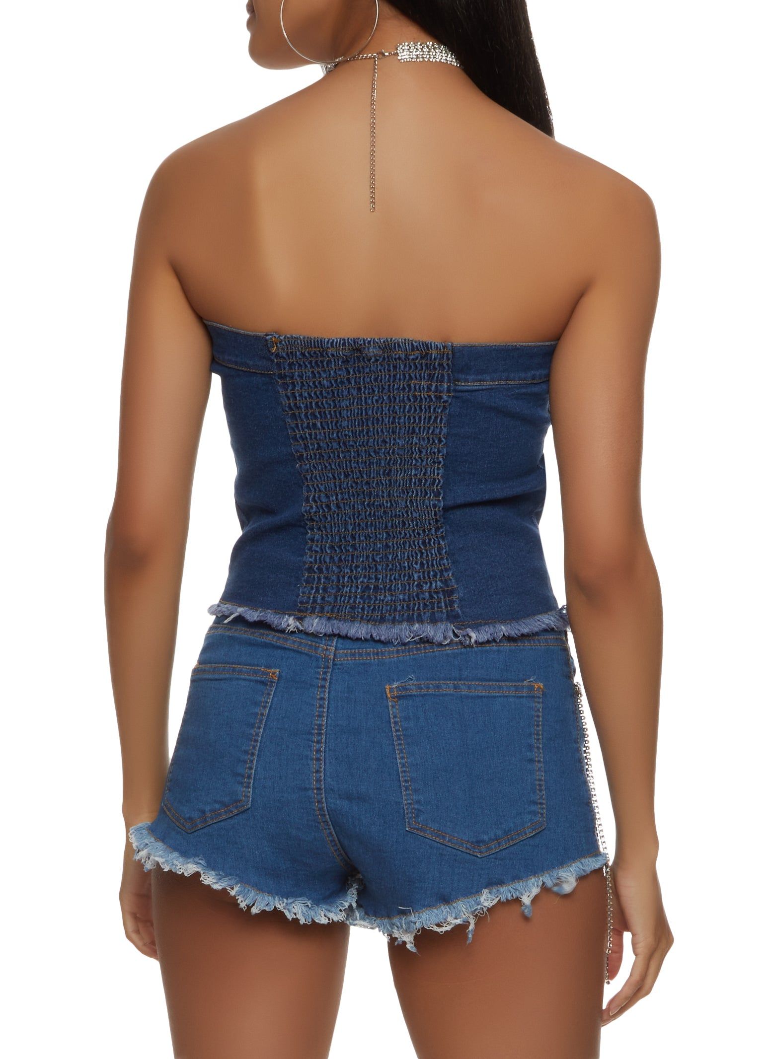Denim Frayed Hem Button Front Tube Top sold by Rainbow product image thumbnail 3