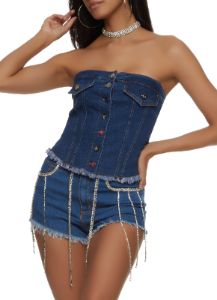 Denim Frayed Hem Button Front Tube Top sold by Rainbow