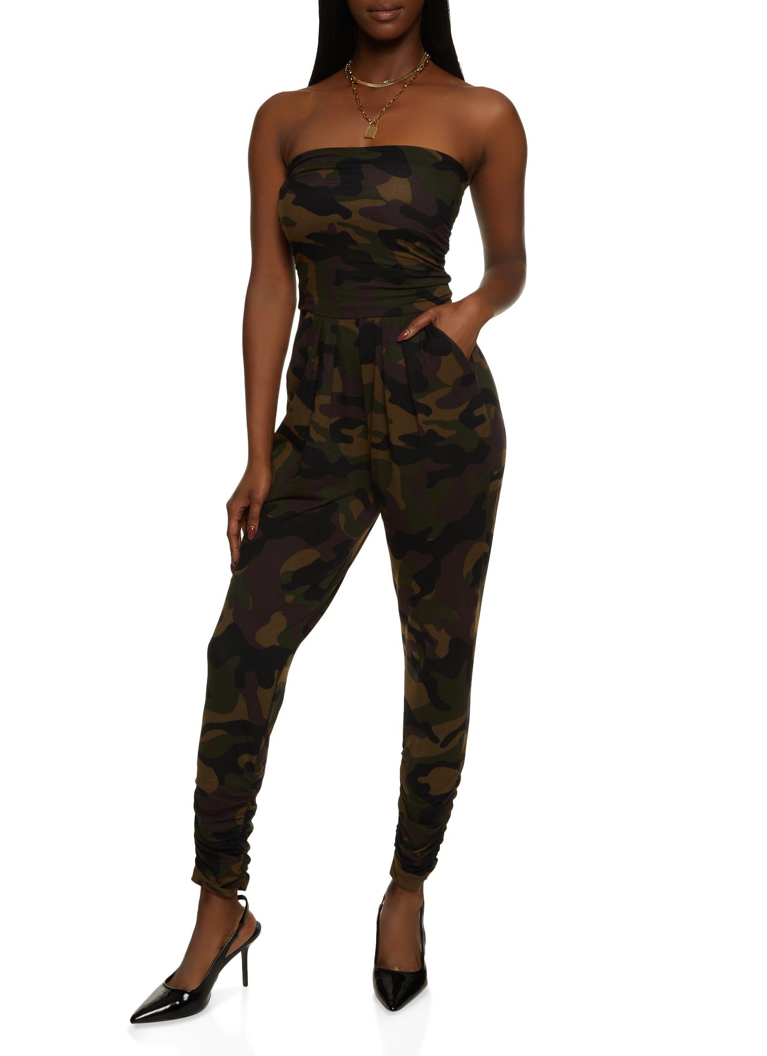 Camo Ruched Strapless Jumpsuit sold by Rainbow