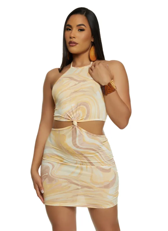 Printed Knot Front Cut Out Halter Dress sold by Rainbow