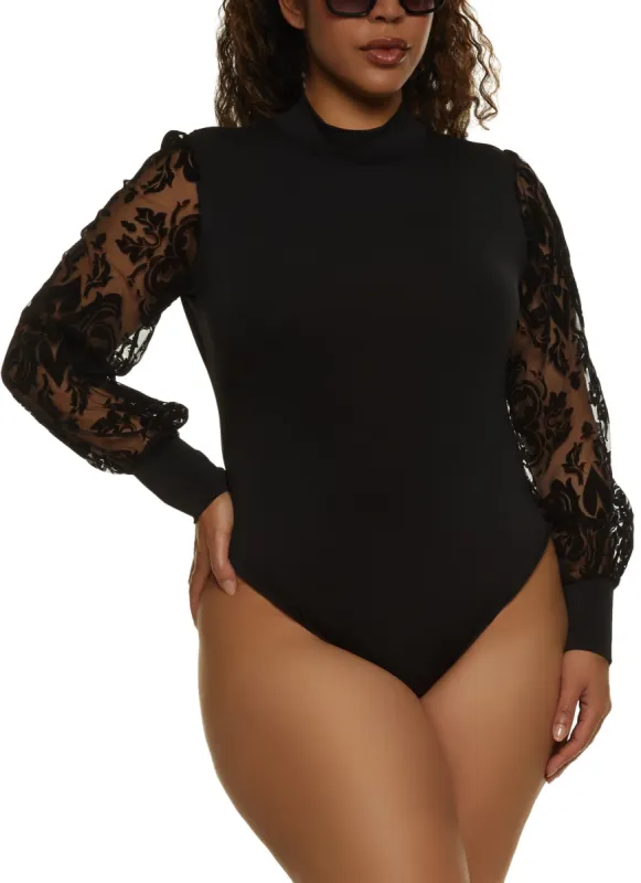 Plus Size Printed Velvet Burnout Sleeve Bodysuit sold by Rainbow