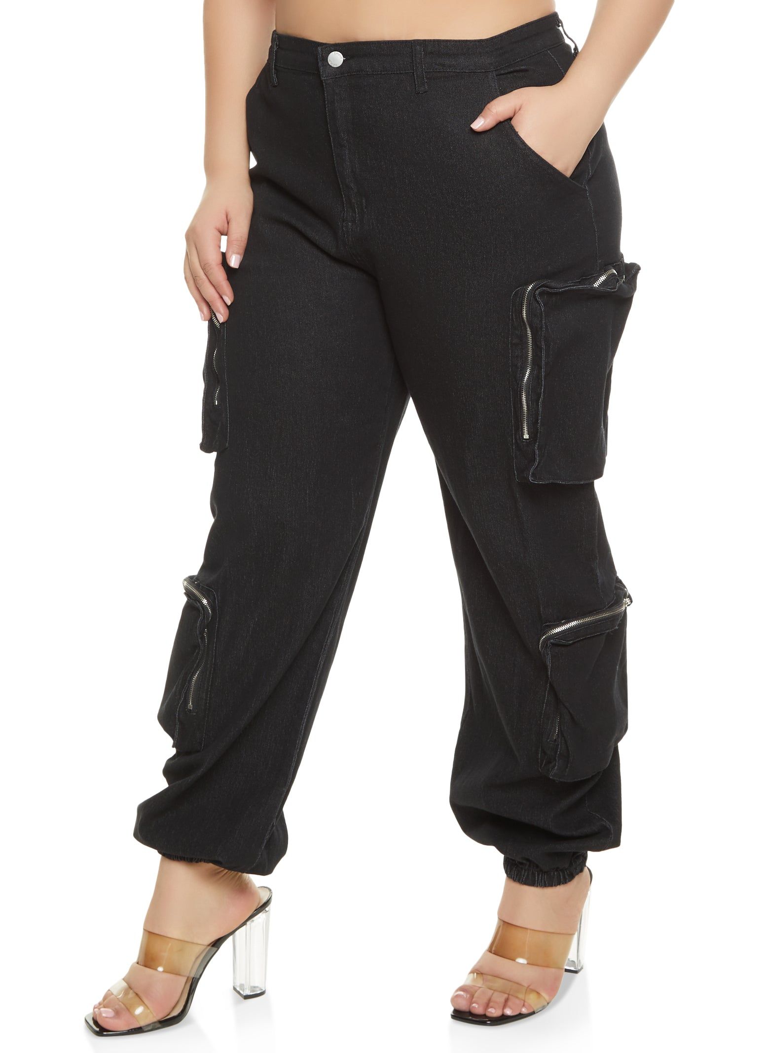 Plus Size Zip Cargo Pocket Jeans sold by Rainbow