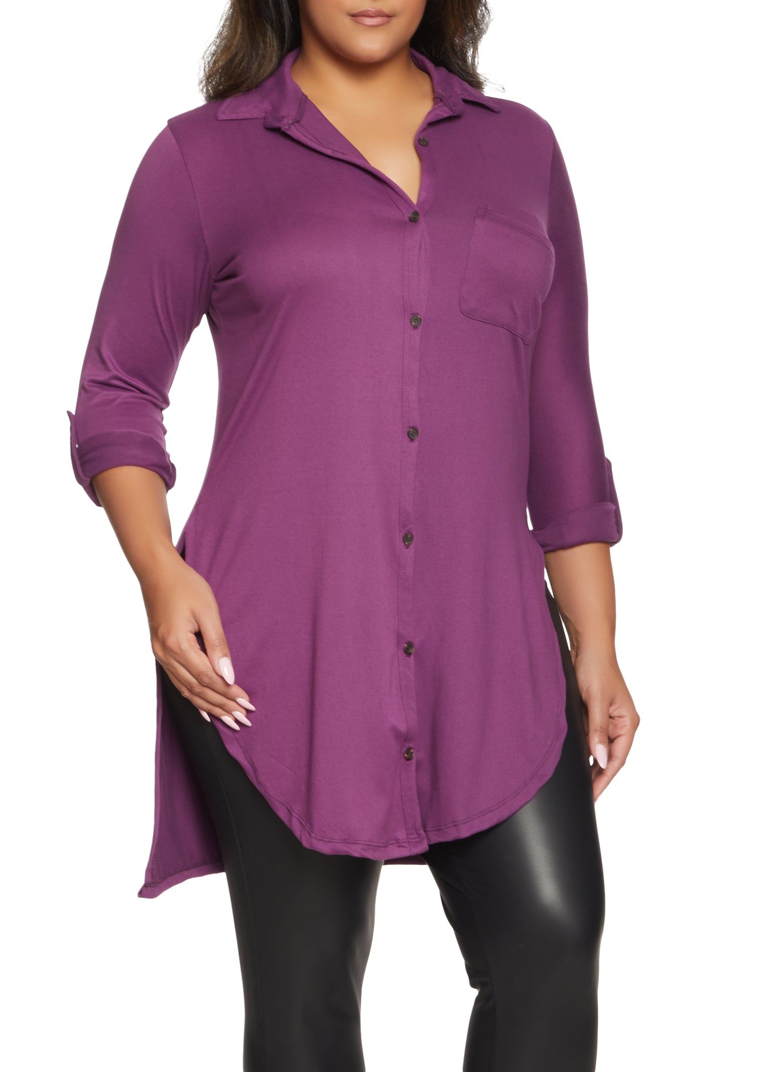 Plus Size Side Slit Button Front High Low Shirt sold by Rainbow
