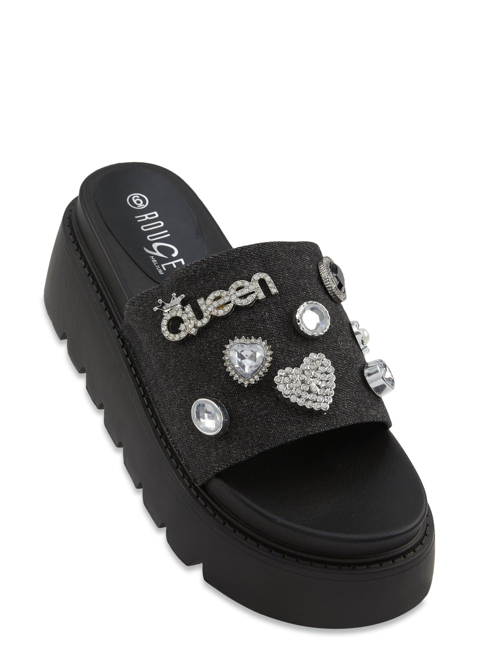 Queen Charm Denim Band Platform Slide Sandals sold by Rainbow