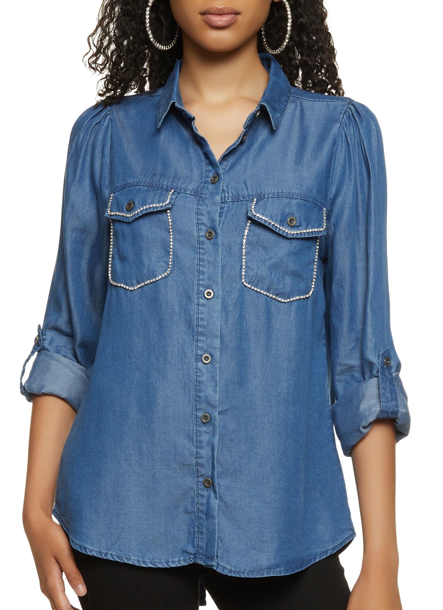 Rhinestone Trim Pocket Chambray Shirt sold by Rainbow