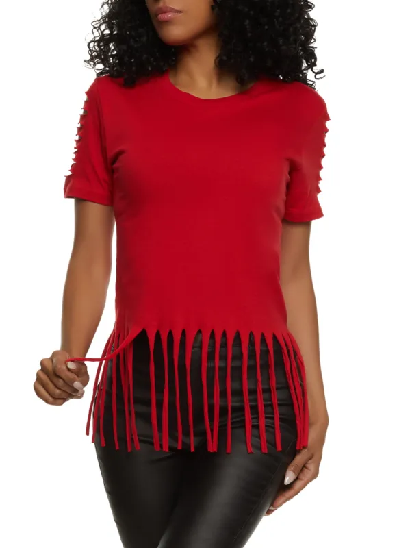 Solid Laser Cut Fringe Hem T Shirt sold by Rainbow