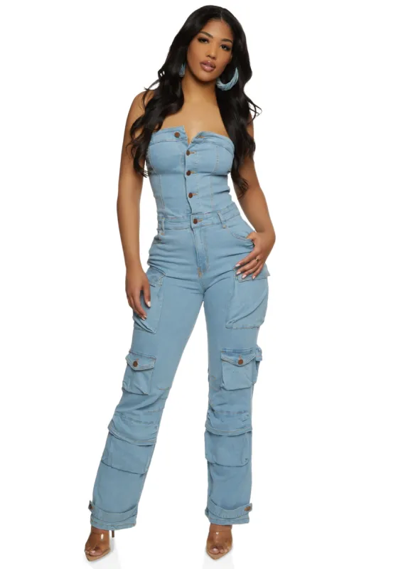 Daisy Denim Strapless Cargo Jumpsuit sold by Rainbow