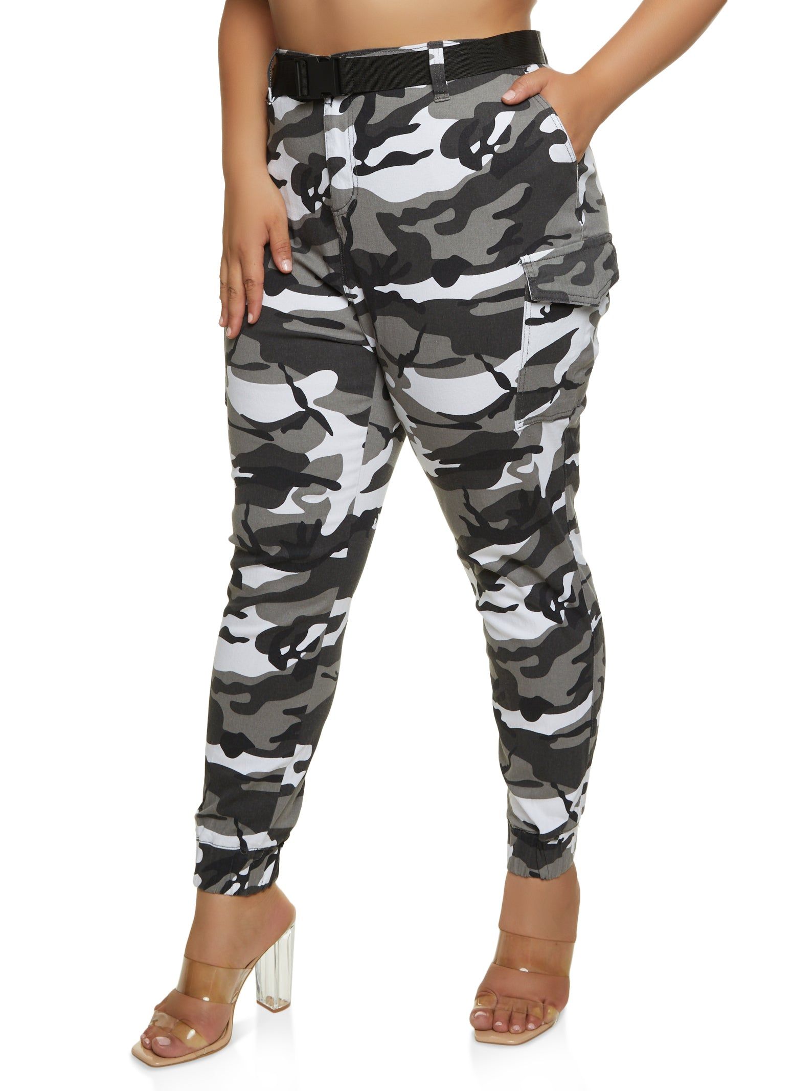 Plus Size Belted Camo Cargo Joggers sold by Rainbow