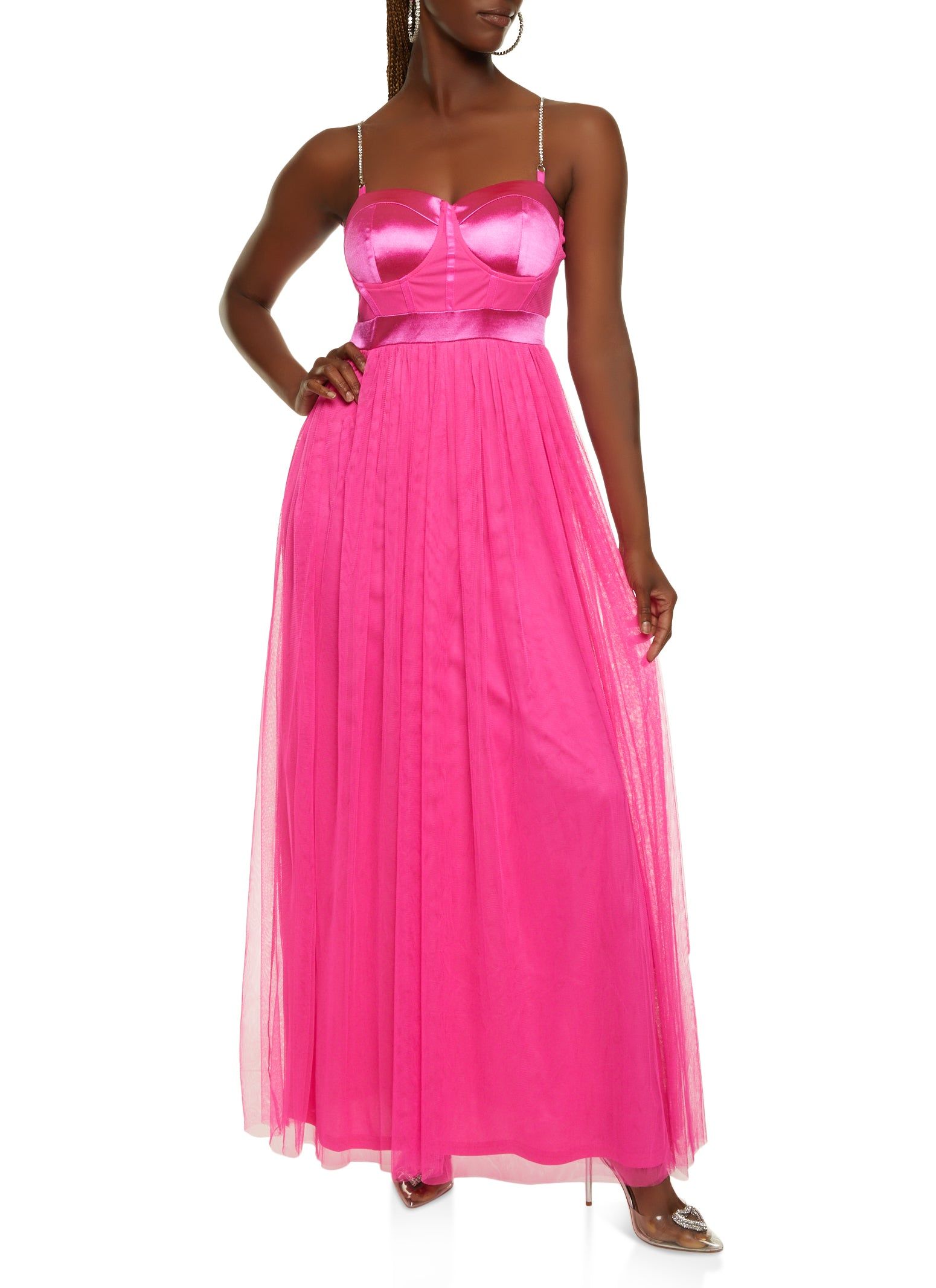 Rhinestone Strap Tulle Corset Maxi Dress sold by Rainbow