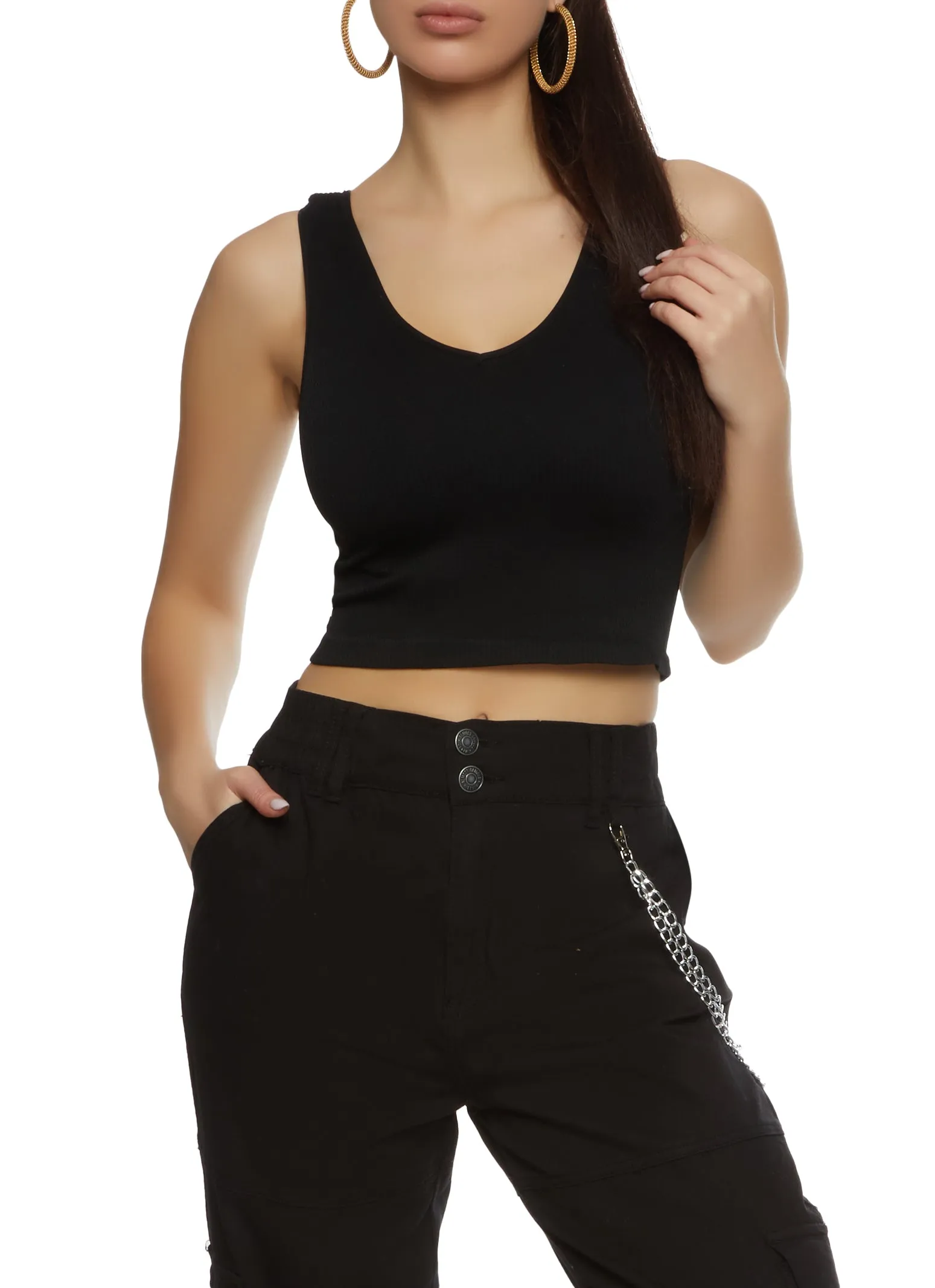 Seamless Ribbed Knit V Neck Cropped Tank Top sold by Rainbow