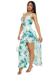 Iris Tropical Print Lace Up Front Maxi Dress sold by Rainbow