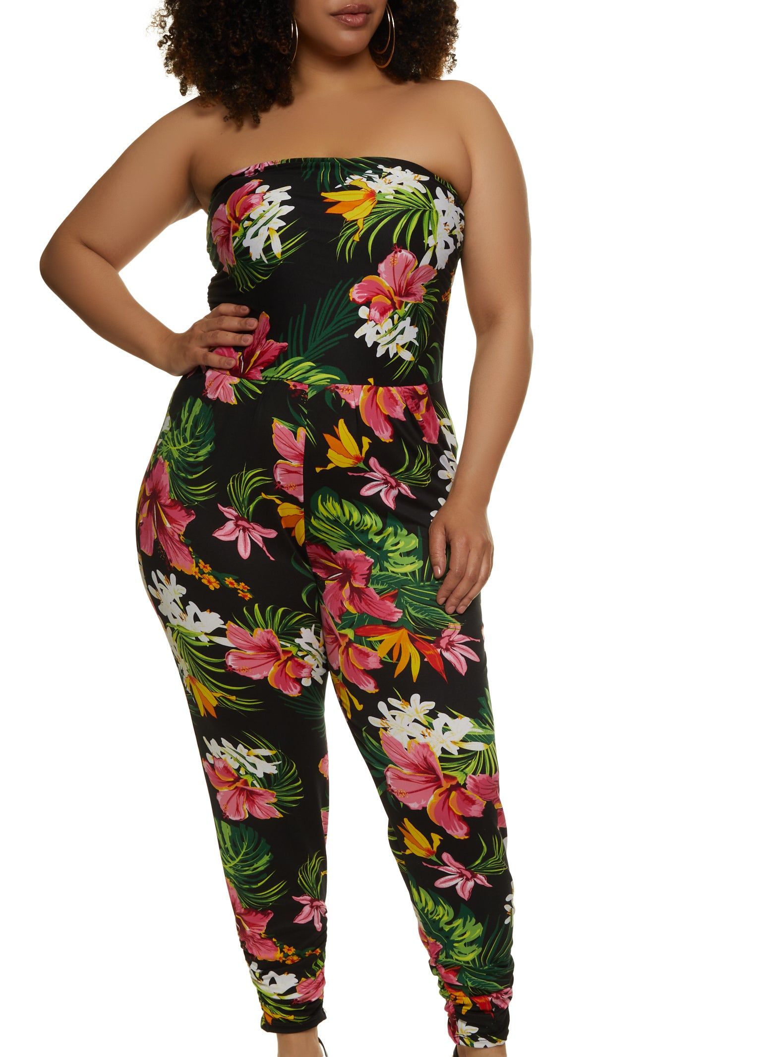 Plus Size Floral Print Strapless Pocket Jumpsuit sold by Rainbow