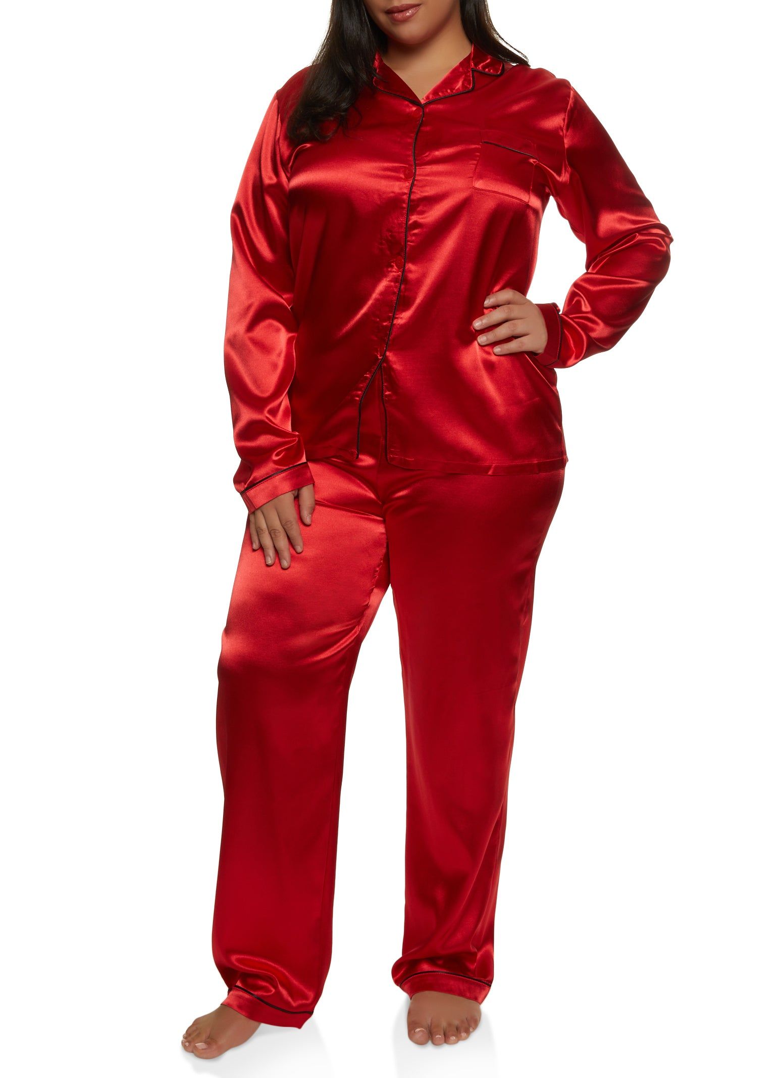 Plus Size Satin Notch Collar Pajama Shirt and Pants sold by Rainbow