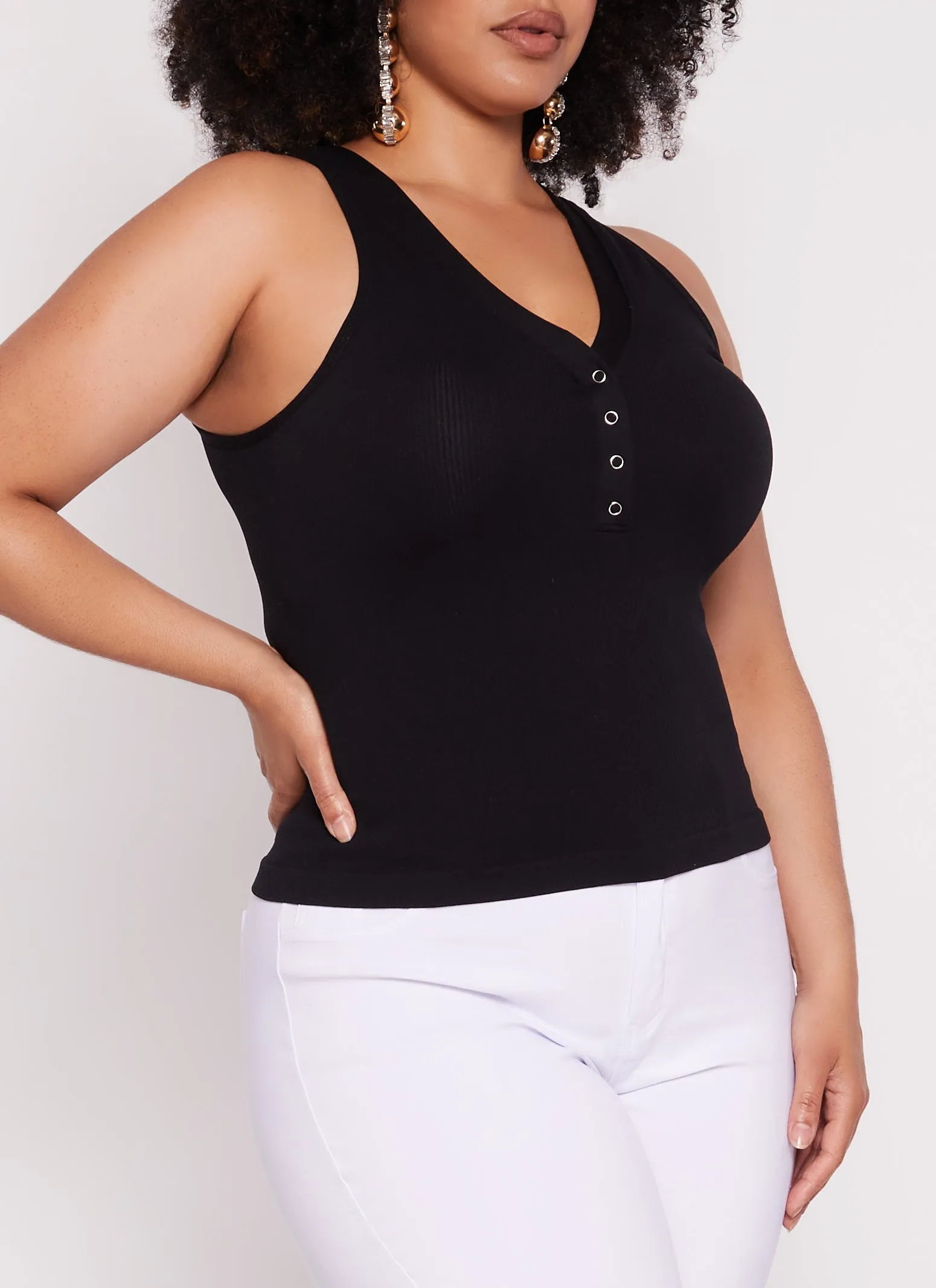 Plus Size Seamless Ribbed Snap Button Tank Top sold by Rainbow