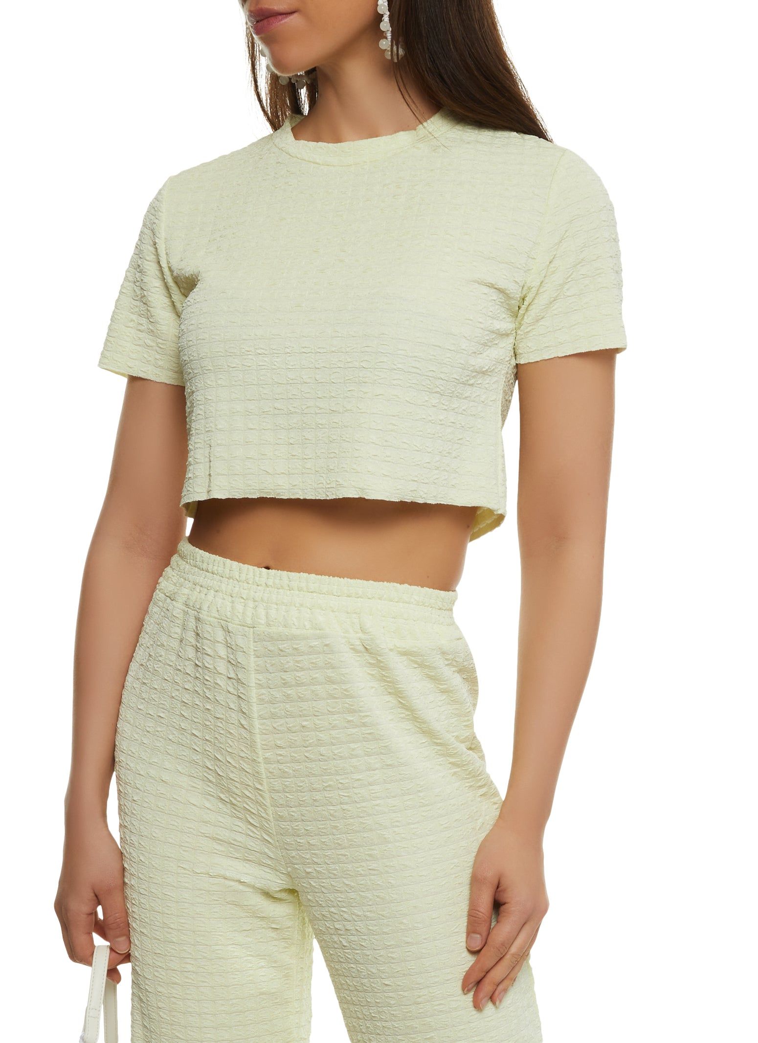 Textured Knit Short Sleeve Crop Top sold by Rainbow
