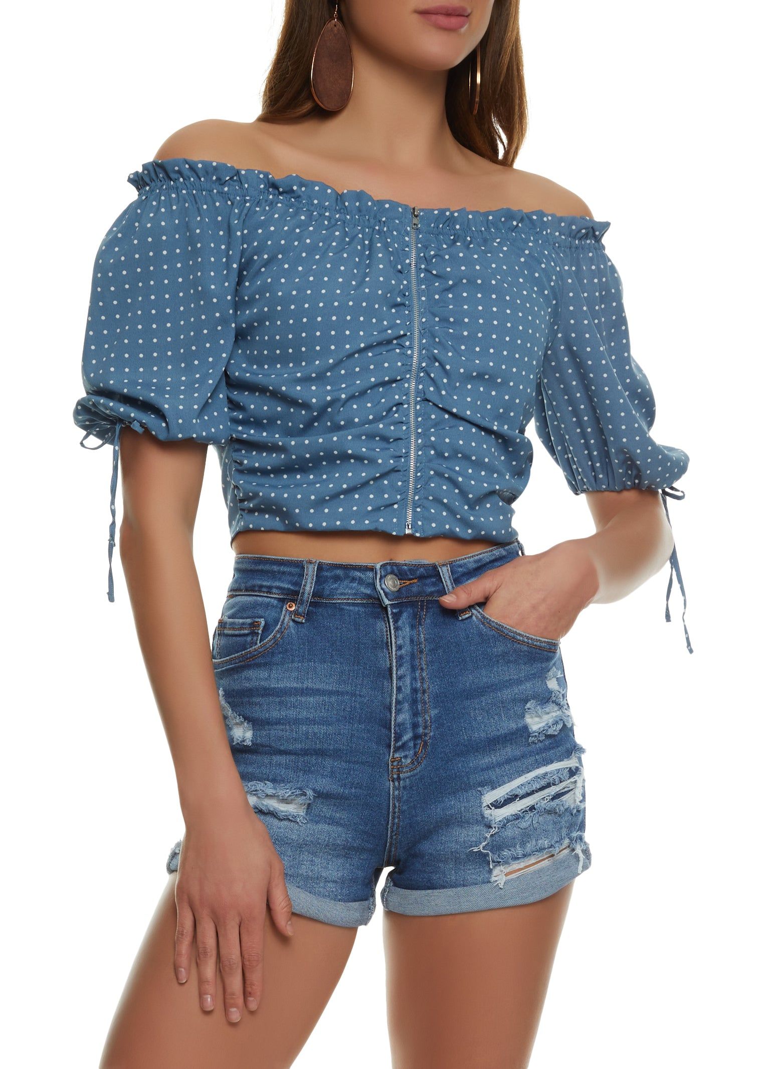 Polka Dot Ruched Zip Front Off the Shoulder Top sold by Rainbow