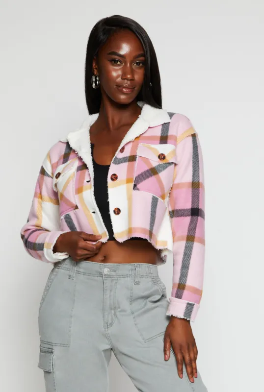Plaid Sherpa Lined Raw Hem Button Front Shacket sold by Rainbow