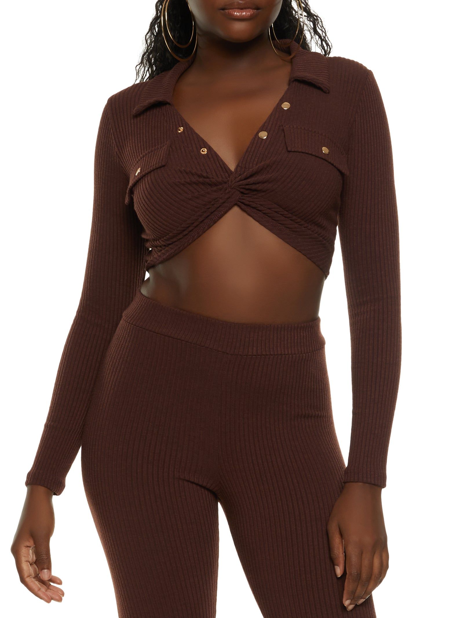 Rib Knit Collared Twist Front Crop Top sold by Rainbow