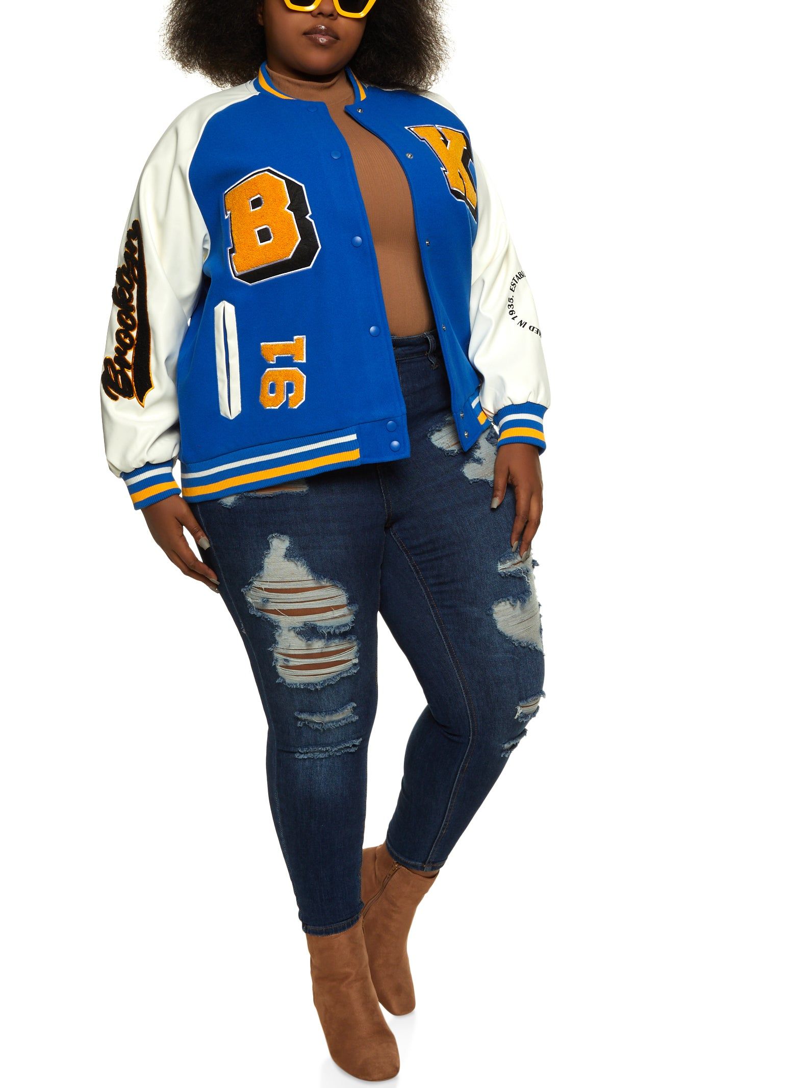 Plus Size PU Sleeve Brooklyn Chenille Patch Varsity Jacket sold by Rainbow product image thumbnail 2