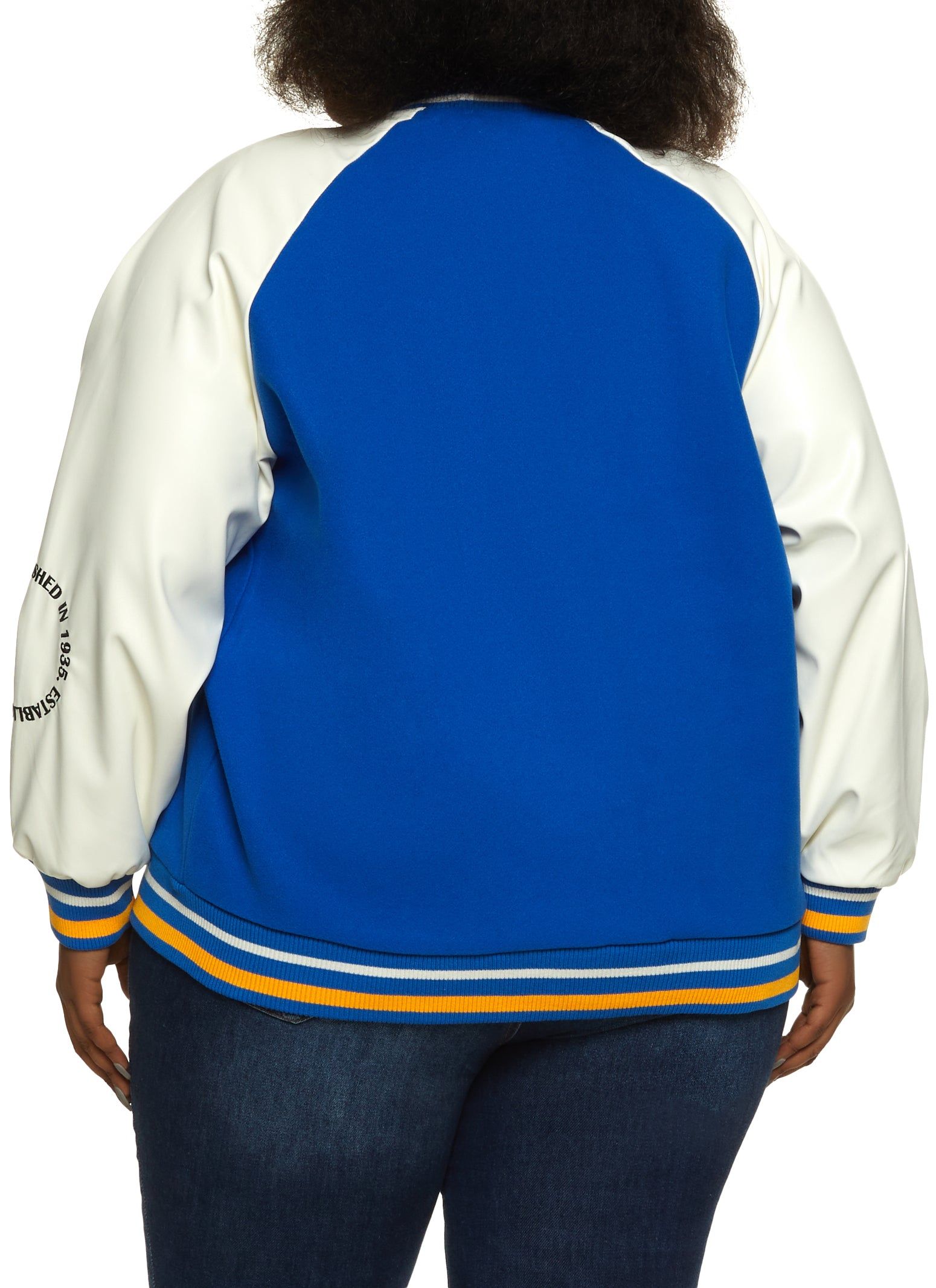 Plus Size PU Sleeve Brooklyn Chenille Patch Varsity Jacket sold by Rainbow product image thumbnail 3