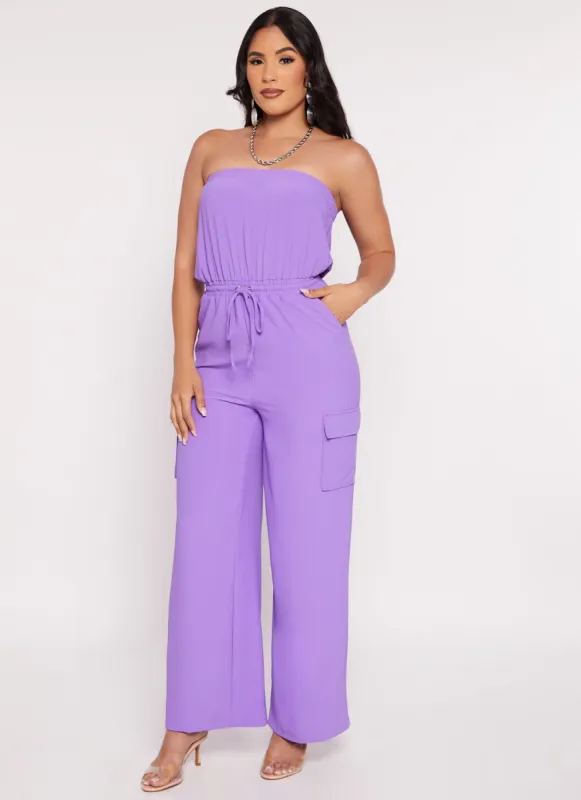 Haute Monde Strapless Drawstring Cargo Pocket Jumpsuit sold by Rainbow