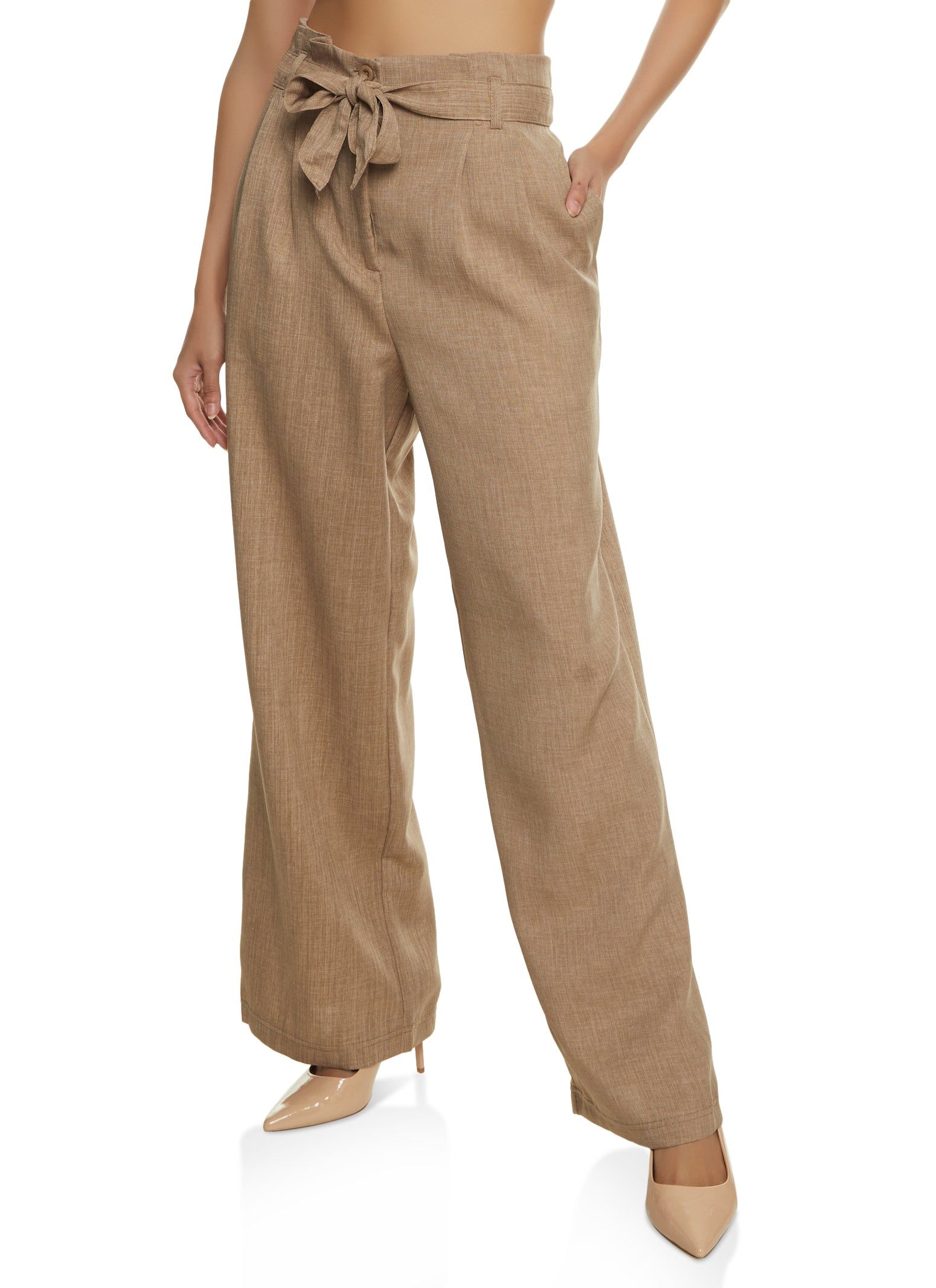 Linen Paper Bag Waist Wide Leg Pants sold by Rainbow