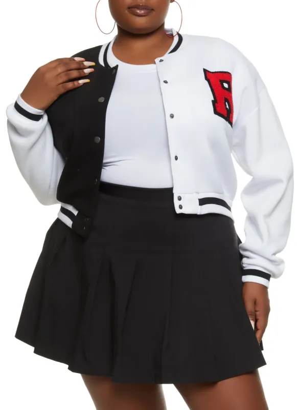Plus Size Color Blocked Cropped Letterman Jacket sold by Rainbow