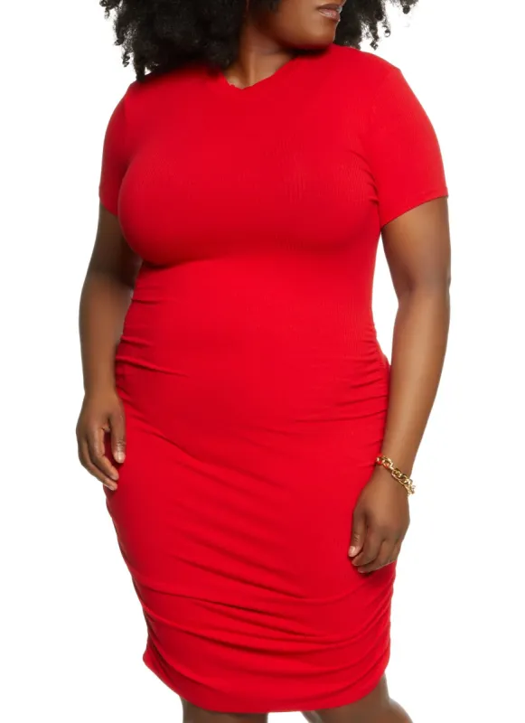 Plus Size Ribbed Knit Ruched Midi Dress sold by Rainbow