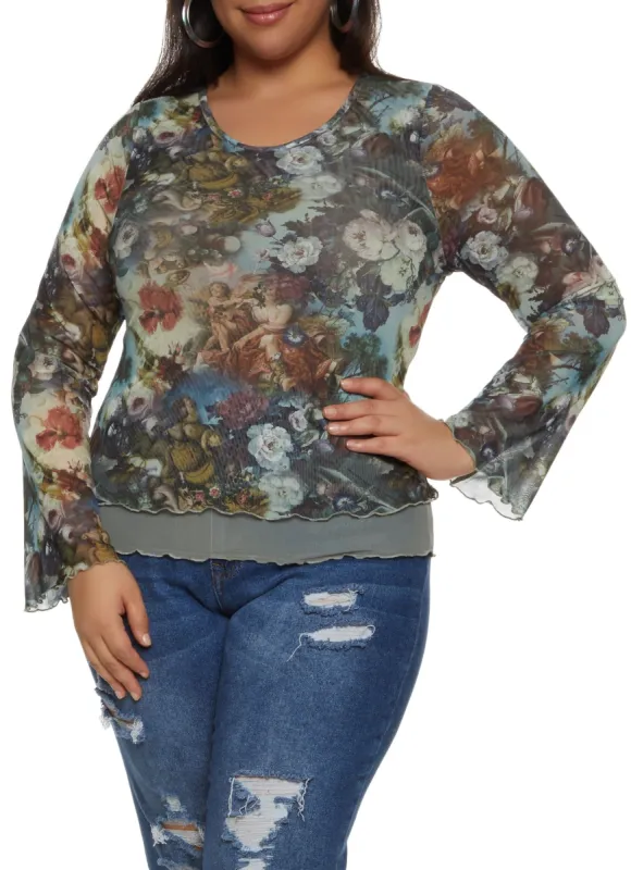 Plus Size Mesh Printed Long Sleeve Top sold by Rainbow