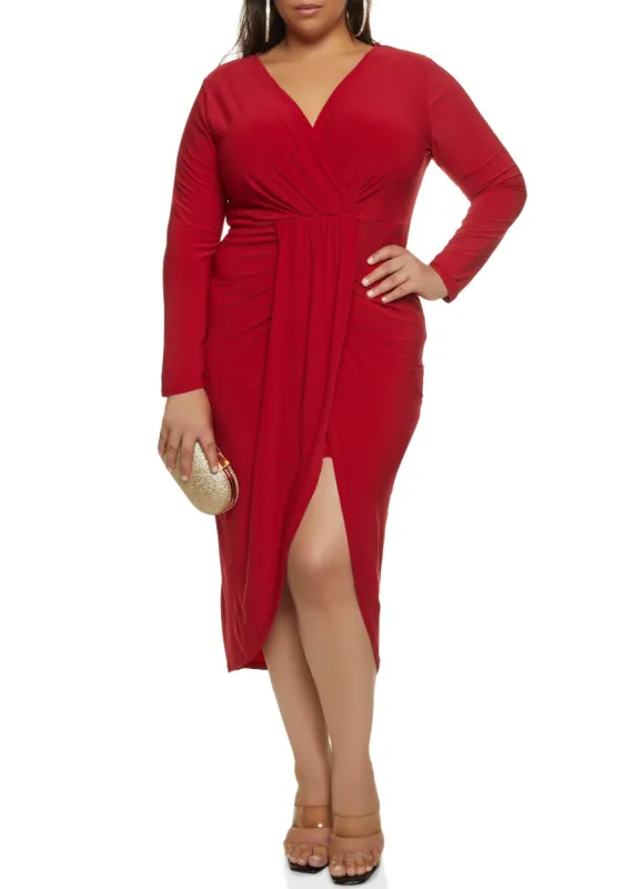 Plus Size Side Slit Faux Wrap Midi Dress sold by Rainbow