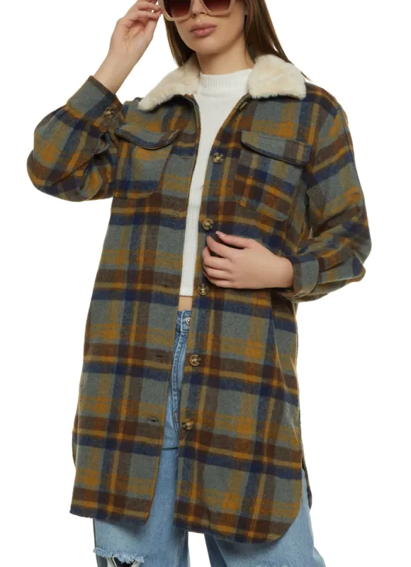 Faux Fur Collar Plaid Shacket sold by Rainbow