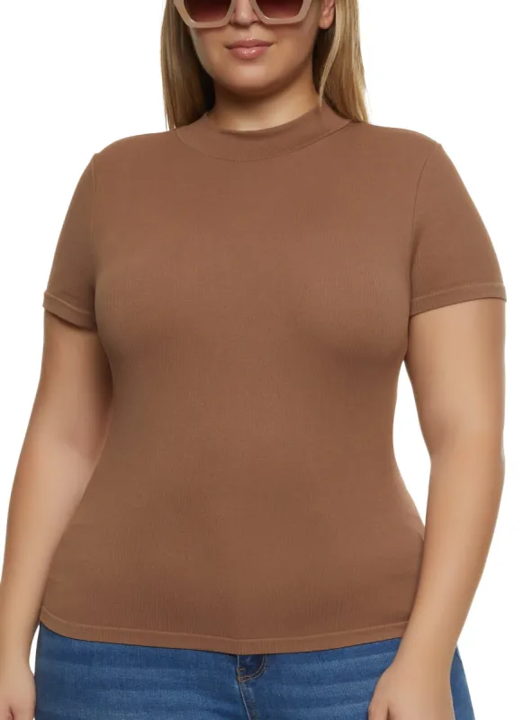 Plus Size Seamless Mock Neck Short Sleeve Tee sold by Rainbow