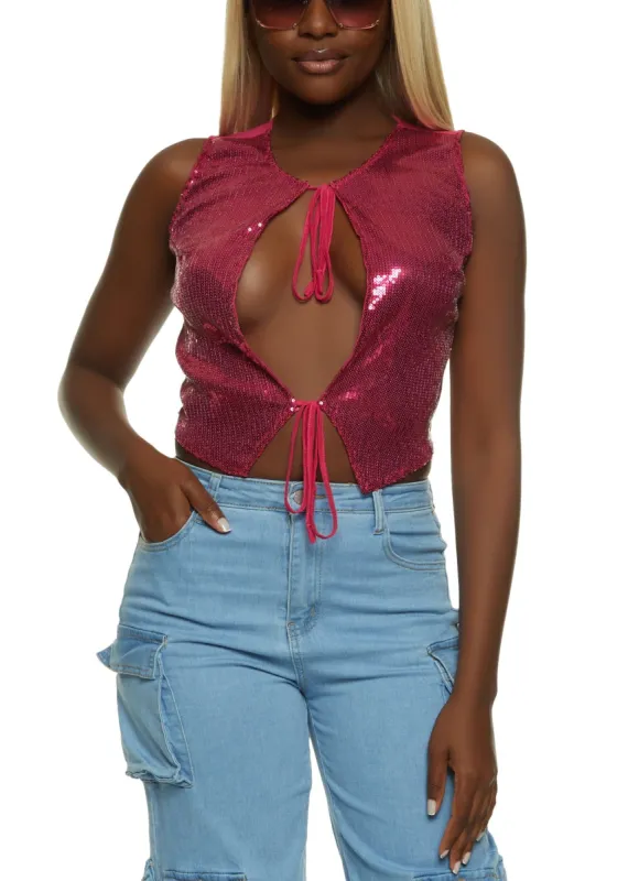 Cut Out Sequin Mesh Tie Front Top sold by Rainbow