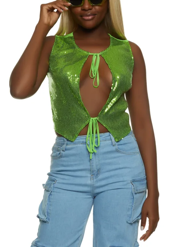 Cut Out Sequin Mesh Tie Front Top sold by Rainbow