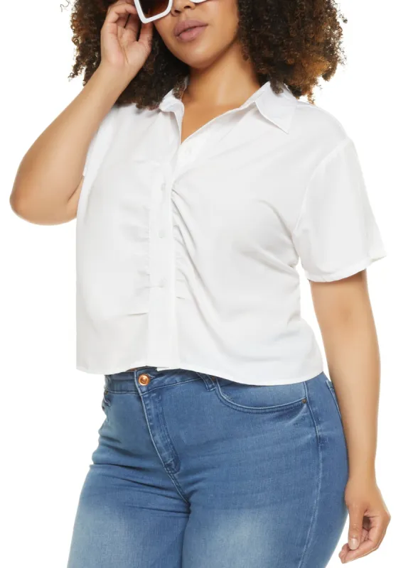 Plus Size Ruched Button Down Cropped Shirt sold by Rainbow