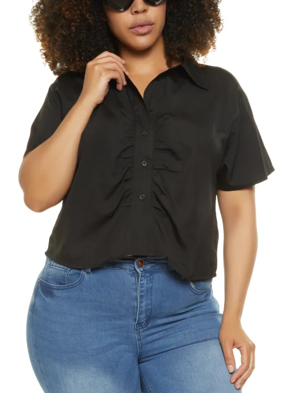 Plus Size Ruched Button Down Cropped Shirt sold by Rainbow