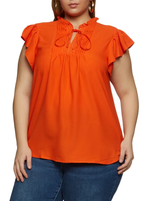 Plus Size Flutter Sleeve Tie Neck Blouse sold by Rainbow
