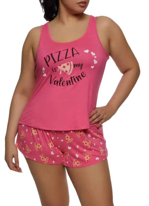 Plus Size Pizza Is My Valentine Graphic Pajama Tank Top and Shorts sold by Rainbow