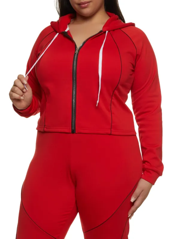 Plus Size Contrast Piping Zip Front Hooded Top sold by Rainbow