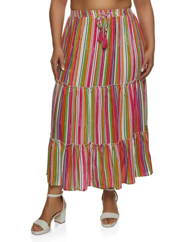 Plus Size Stripe Tiered Maxi Skirt sold by Rainbow