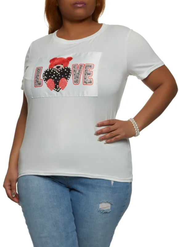 Plus Size Love Bear Graphic Patch Tee sold by Rainbow