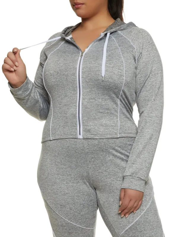Plus Size Contrast Piping Zip Front Hooded Top made by Rainbow