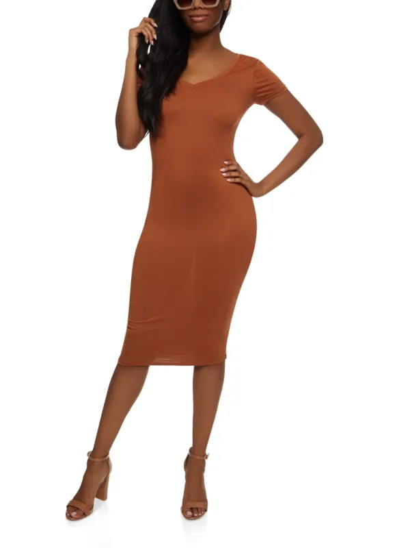 Solid V Neck Short Sleeve Midi Dress sold by Rainbow