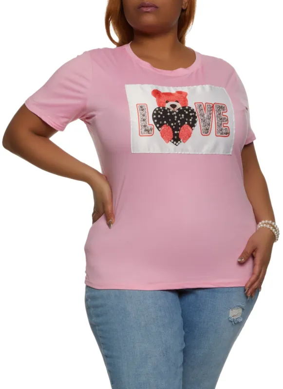 Plus Size Love Bear Graphic Patch Tee sold by Rainbow