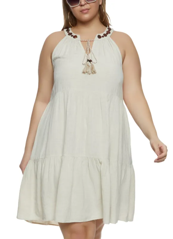 Plus Size Linen Beaded Tie Neck Shift Dress sold by Rainbow